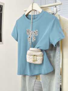 Blue Bows Pure Cotton Shoulder Short Sleeve T-Shirt Womens Summer Stylish Niche Style Small T-shirt Loose Tops