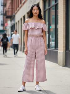 Preloved Off-shoulder Striped Jumpsuit Bust 34 Waist 30 Hips 40 Length 46 with 2 Side Pockets for Womens Clothing Jumpsuits & Rompers