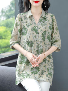 เสื้อเชิ้ตผ้าชีฟองแขนยาวลายดอกไม้สำหรับผู้หญิง ทรงหลวม ปกโปโล แขนยาวครึ่งตัว แฟชั่นฤดูร้อน เสื้อผ้าทำงาน
