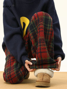Bwka American Retro Fleece-lined Woolen Lattice Loose Pants Female Male Fall and Winter Loose Thickening Keep Warm Straight Mopping Pants