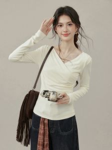 French Elegant Asymmetric Cross V-Neck Long Sleeve T-Shirt Women Early Autumn Inner Design Unique Beautiful Base Top