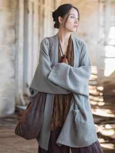 Retro Chinese Linen Open Cardigan Womens Autumn Solid Color Simple Zen Clothing Medium Length Long Sleeve Cotton Linen Top