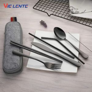 Tableware Reusable Travel Cutlery Set Camp Utensils Set with Stainless Steel Spoon Fork Chopsticks Straw Portable Case