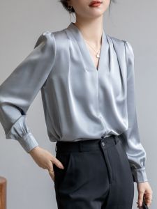 Korean Style Versatile Long Sleeve Satin Shirt Womens Slim Fit V-neck Spring Autumn New Light Maturity Atmosphere Top