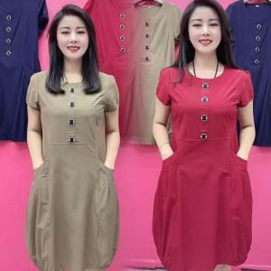 100kg can wear filipinina modern breathable dresses loose and thin short sleeve scoop neck women shift dress stretch casual ladies plain khaki dresses elegant