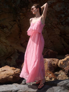 Womens Dopaamine Flowing Skirt Dress Pink Island Bright Beach Vacation Long Dress Tourist Set High Waist Embroidered Summer Gown