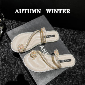 French Style Flat Bottom Toe-Over Sandals Womens Summer Outdoor Fashion 2025 New Pearl Soft Bottom Cool Slippers