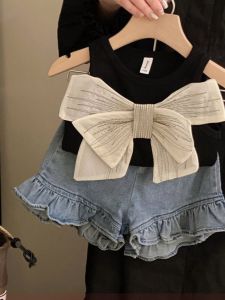 Girls Summer Outfit 2025 New Fashion Big Bowtie Vest Lace Denim Shorts Two Pieces Korean Style Child Clothing Set Cotton Material