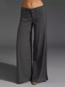 Slimming Wide Leg Pants Street Style Casual Straight Leg Trousers with Pockets for Women Polyester Fiber Natural Waist Elastic Opening