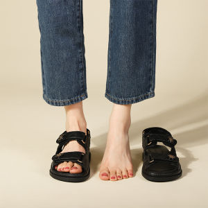 Thick Heel Sandals Womens Summer New Exposure Toe Black Roman Shoes Student Magic Tape Small Fragrance Style Beach Shoes