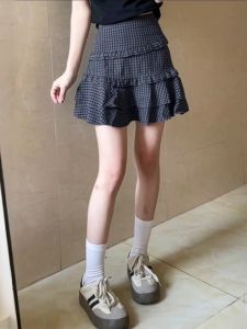 Váy Ngắn Chữ a Kẻ Caro Cổ Điển Mỏng Cỡ Lớn Cho Nữ Mùa Thu Đông Váy Ngắn Chữ a Xếp Ly Cạp Cao Cho Phụ Nữ Ngoại Cỡ