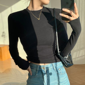 Áo Thun Cổ Cao Dày Màu Trắng Cho Nữ Mùa Thu Đông Dài Tay Thường Ngày Cổ Tròn Dài Vừa Vặn Không Tay Áo