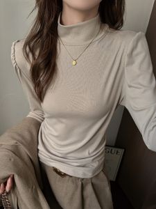 MiiOW | Áo thun dài tay nữ mùa thu đông thường ngày cổ cao dáng ôm vừa vặn tay bồng chất liệu polyester và lanh nguyên chất