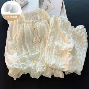 Áo Dài Tay Phong Cách Công Chúa Đồ Ngủ Bộ Nguyên Chất Cotton Vải Bông Mùa Xuân Mùa Thu Quần Áo Gia Đình Nữ Quần Lót Thoải Mái Có Miếng Đệm Ngực
