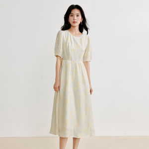 INMAN | Inman Rasele Linen Dress Color Woven Floral Summer Womens Casual A-Line Skirt Short Sleeve Round Neck Single Button Tourist