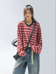 Retro Stripe Collar Long Sleeve Polo Shirt Female