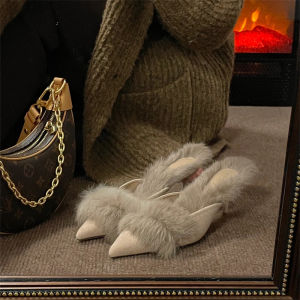 Miss Peach French Pointed Toe Furry High Heels Womens Outdoor Wear Headed Semi Slippers Korean Style Pure Color Velvet Surface