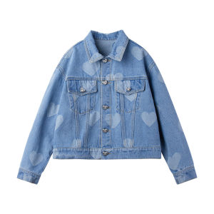 Childrens Casual Denim Jacket Heart Pattern Layering Versatile Outerwear Autumn Spring Seasonal round Neck Single Button