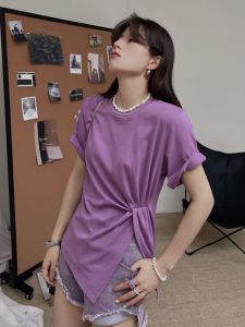 Asymmetrical Ruched Side Slit Short Sleeve T-Shirt Cinched Slimming Pullover K-style Pure Color round Neck White T-Shirt Womens Summer