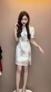 Elegant Stand Collar Short Sleeve Qipao Dress Womens New Summer Chinese Style Floral Button Retro Beautiful Cheongsam Dress