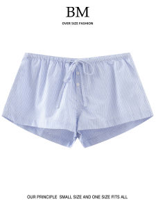 Quần Short BM Fashion Pure Blue White Stripes Three Button Home Straight Leg Womens Slim Fit Casual Cotton High Waist