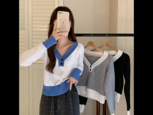 Baju Lengan Panjang Wanita Vneck Bahan Rajut dengan 2 Kancing / Sweater Knit Long Sleeves CF P368