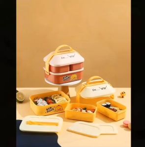 Bento Lunch Box for Kids 2 Layers Lunch Containers with Compartments Handle Adorable Duck House Lunch Containers for Cam