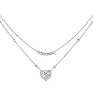 BAMOER 925 Sterling Silver Halo Heart Moissanite Pendant Necklace Double-layer Necklace for Women Valentines Day Gift MSN033