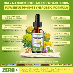 Totaria 16-in-1 Liposomal Rhodiola Rosea Tincture Ultra Strength Rhodiola Supplement w/Ashwagandha Saffron Magnesium SAM-e Rhodiola Rosea Extract Liquid Drops for Natural Relaxation Mood Energy