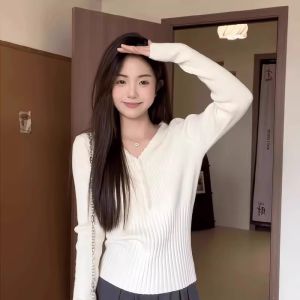 K-style Gray Elegant V-neck Sweater Female Autumn and Winter 2024 New Design Sense Chic Slim Fit Slimming Top