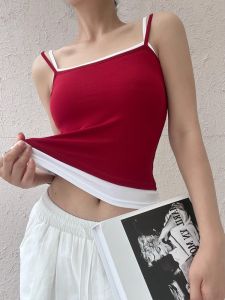 Red Design Sense Halter Vest Women Summer Outfit Elastic Slimming Versatile Workwear High Elasticity Short Cotton Blend Frock