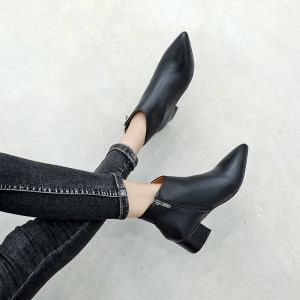 Winter Fleece-lined Martin Boots Pointed Toe 4cm Low Heel Chunky Heel Semi-high Heeled Genuine Leather Plus size Womens Shoes 41-43 Ankle Boots Women