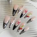 10 Chiếc Móng Tay Giả Hình Hạnh Nhân In Họa Tiết Báo Đen, Thiết Kế Cherry, Làm Thủ Công, Dành Cho Nữ, Dùng Dự Tiệc, Chất Liệu Nhựa Resin. 