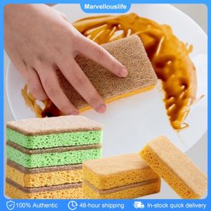 4pcs/pack Dishwashing Sponge Natural Wood Pulp Sponge Brush Kitchen Washing Tool