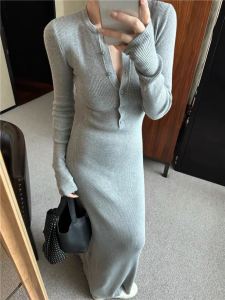 Elegant Grey Knitted Dress Womens High Waist A-Line Long Skirt Vintage French Style Slimming Waist Cinch Autumn New Arrival