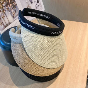 ฤดูร้อน ฟางทอ ผู้หญิง หมวกบังแดดตัวอักษรรองเท้าแตะชายหาดหมวกยอดนิยม No-top Hairband หมวกกันแดด สไตล์ลำลอง ปีกกว้าง