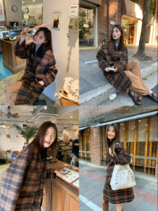 NIHAOKANONG | Áo Khoác Len Sọc Caro Vintage Cho Phụ Nữ