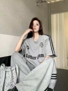 Loose Casual Womens Sportswear Set Summer Student Fashion Hong Kong Style Short Sleeve Long Pants Running Trendy Two-Piece Set