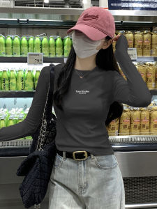 Charcoal Grey Double-sided Velvet Slim Fit Long Sleeve T-shirt Womens Base Layer Shirt Versatile Korean Style Autumn Winter Fashion