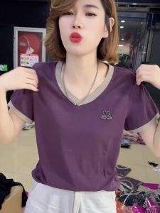 Áo Thun Nữ Tay Ngắn Vai Thường Xuyên Mùa Hè 2025 Thời Trang Dáng Rộng Cổ Chữ V Thiết Kế Đính Kim Cương Cỡ Lớn