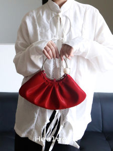 Heelwood Red Butterfly Cloud Handbag New Chinese Style Womens round Ring Bag Soft Synthetic Leather Shoulder Bag for Daily Use