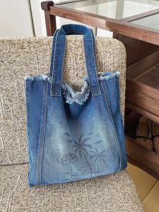 Casual Denim Tote Bag Large Capacity Shopping Bag Student Commuter Shoulder Bag Leisure INS Tote Bag Japanese Style Jeans Single Shoulder Bag