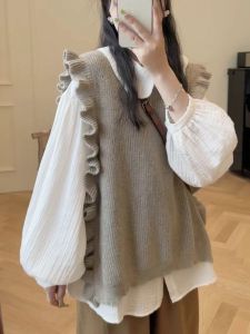 Maillard Knitted Vest Sweater Womens Preppy Style Ruffles Sleeveless Vest Vest Bandage Dress Shirt Top Suit