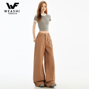 กางเกงยีนส์ขากว้างสีน้ำตาลสไตล์ย้อนยุคสไตล์อเมริกันสำหรับผู้หญิง กางเกงขายาวทรงตรงหลวมๆ สวมใส่สบาย ฤดูใบไม้ผลิ 2025