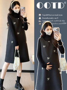 Pregnancy Fall Winter Mid-length Wool Dress Elaborate Beads Bow