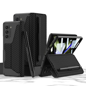 Samsung Galaxy Z Fold 5 5G 2023 Carbon Fiber Pattern Folio Flip Wallet Case Cover with Removable Velcro S Pen HolderBuilt in Card Slots & Screen Protector