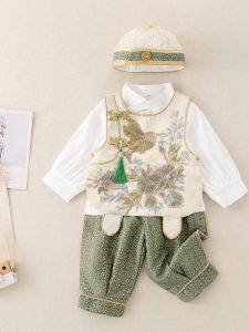 Baby Boy One Year Old Birthday Clothes Traditional Chinese Style Green Package Ceremony Dress Short Sleeve Embroidered Satin