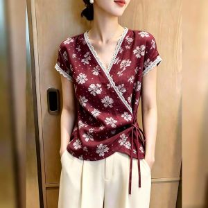 KUNAILIN | Business Casual V-Neck Floral Print Summer Tie-Waist Slim Shirt