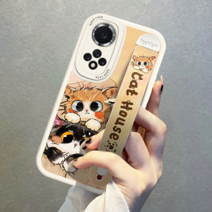 Cute Cat Design Silicone Phone Case with Wristband Full Cover Huawei Honor 70 Phone Shell Compatible X60i X50i V40 Womens 8X/9X Protective Cover