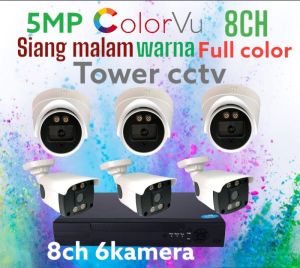 PAKET KAMERA CCTV 5MP COLORVU 8 CHANNEL 6 KAMERA FULL COLOR WARNA SIANG MALAM